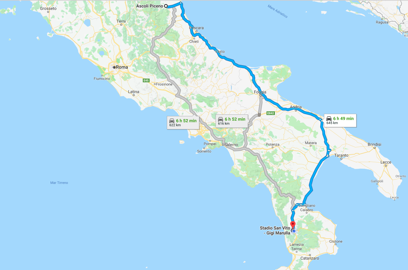 Percorso da Ascoli allo stadio Gigi Marulla di Cosenza