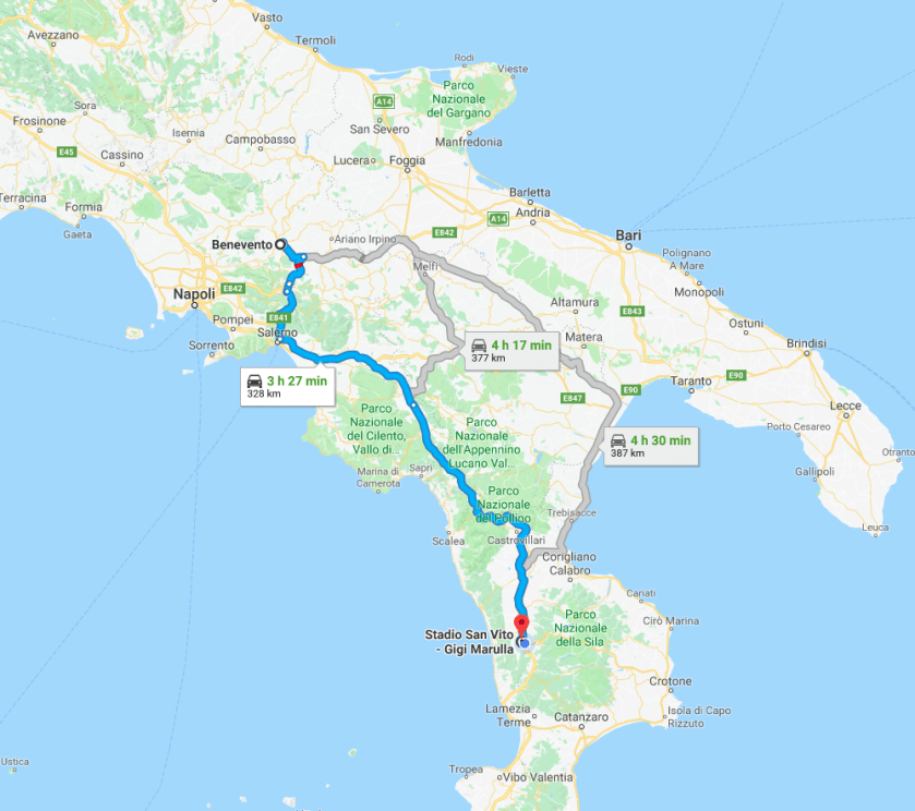 percorso in auto da Benevento allo stadio gigi marulla di cosenza
